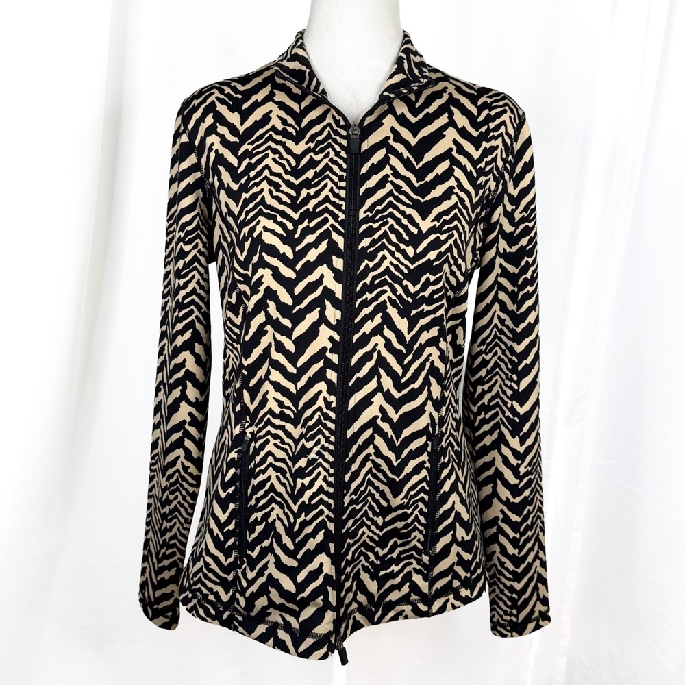J. McLaughlin Billie Jacket M Black Tan Zebra Print Full Zip Stretch Performance